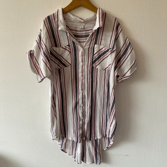 Cest 1946 Blouse Womens Large Striped Button Front Collared Hi Lo Hem Pleated - Picture 1 of 9